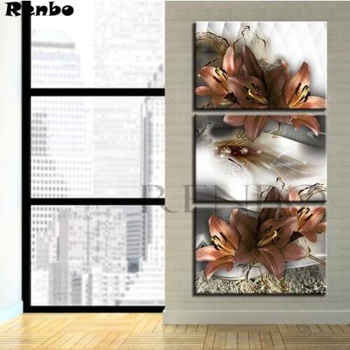 5D DIY Diamond Painting 3Pcs lily Flower Diamond Embroidery Full Square diamond Mosaic pattern Cross Stitch Triptych home decor