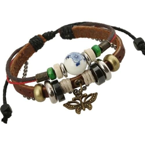 Gnova New Genuine Leather Bracelet Women Men Handmade Braid Beads Charm Bracelets Vintage Jewelry