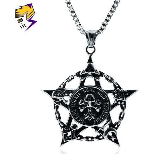 Stainless Steel Pentagram Freemasonry Necklaces Men Antique Silver Color Classic Skeleton Masonic Big Pirate Pendant Necklaces