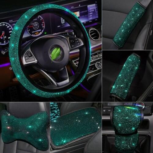 Luxury Rhinestones Crystal Green Car Seat belt cover pad Armrest cover Steering wheel cover Lady Auto Interior Accessories Women