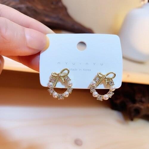 Bowknot Wreath Earrings No Hole Ear Clips Pearl Rhinestone Circle Clip Earring Without Piercing Minimalist Earrings CE0412