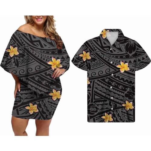 Hycool Hawaii Polynesian Print Chiffon Off One Side Shoulder Floral Print Black Dress Plus Size Ruffle Wedding Guest Dress Women