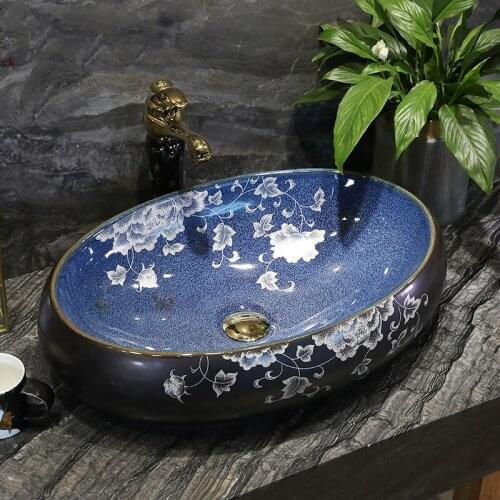 Counter Top Wash Basin Cloakroom Hand Painted Vessel Sink Flowers and birds deep basin sink oval blue bathroom sinks