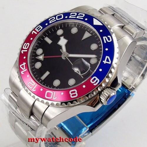 Top 40mm bliger black sterile dial sapphire glass GMT red blue Bezel date window automatic mens watch P212