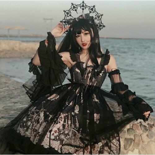 Japanese Gothic Jsk Lolita Dress Women Vintage Victorian Sleeveless Bow Princess Tea Party Dresses Girls Chic Print Lolita Dress