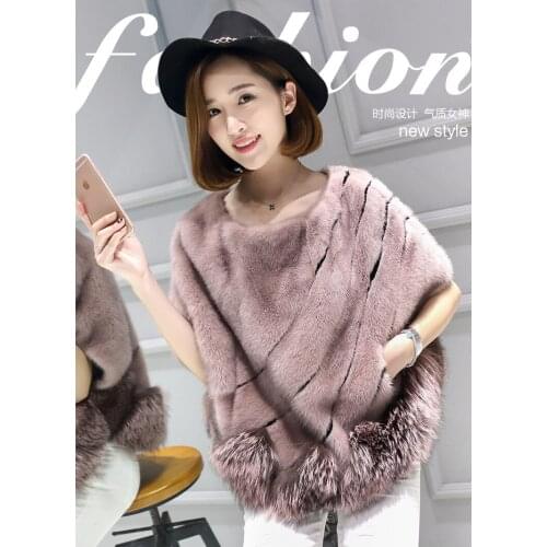 Women real mink fur cape o-neck mink shawl with fox fur on bottom female winter fur pullover bat sleeves jacket