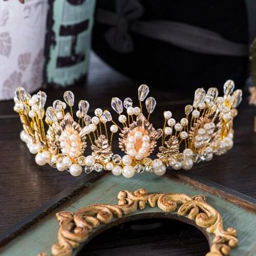 TUANMING Gold Pink White Hair Jewelry Flower Women Headbands Handmade Peal Wedding Tiaras Bridal Hair Accessories Crown Hairwear
