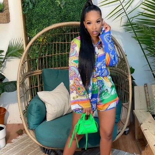 Echoine Long Sleeve Vintage Print Shirt Blouse Top Shorts Set 2 Piece Set Autumn Outfits Clothes for Women Streetwear Sexy Suit