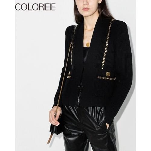 Runway Designers Tops Women 2020 Autumn Winter Fashion Metal Chain Pockets Knitted Sweater Women White/black Cardigan Mujer
