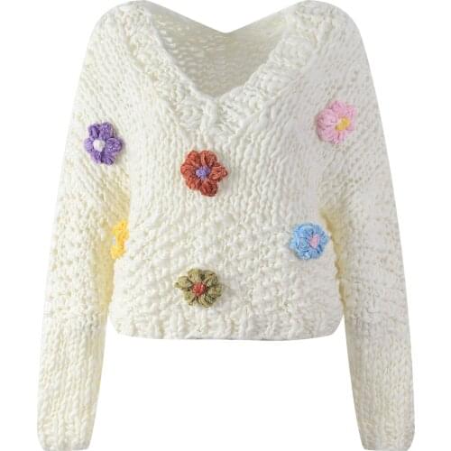 Sexy V-Neck White Sweaters Women Pullovers Floral Crochet Loose Knit Crop Tops Vintage Jumper Jersey Casual Streetwear Korean