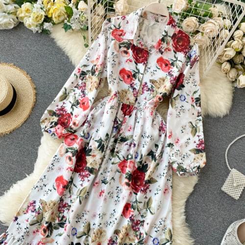 Women Fashion Rose Dresses European Casual Long Bubble-sleeve Print Floral A-line Dress Vestidos De Fiesta
