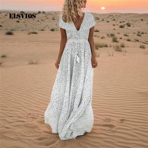 Women Summer Casual Short Sleeves Polka Dots Printed V Neck Fashion Long Dress Elegant Slim Bohemia Beach Party A-line Dresses