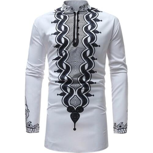 2020 Print Rich Bazin Man African Clothes Fashion African Dress White Long-sleeved Shirt Casual Maxi Men Africa Dashiki Dresses