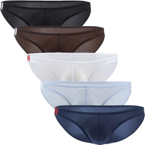 5Pcs/Lot Mens Low Rise Sexy Thongs Underwear Gay Ice Silk Men Sissy Penis Pouch Panties Mens Comfort Bikini Briefs Jockstrap
