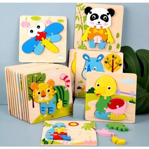4pcs/set Wooden Montessori Educational Toys Childrens 3D Jigsaw Puzzle Baby Preschool Early Education Animal Puzzle Board Toys