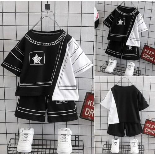 Kids Clothes Suit Boys Summer Sets Children Casual Black And White Stitching Irregular Short-sleeved T-shirt + Shorts Two-Piece