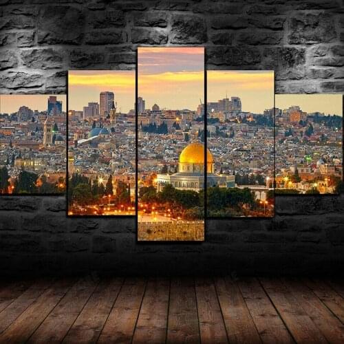 Jerusalem Sunset View Islamic 5 Panel Canvas Picture Print Wall Art Canvas Painting Wall Decor for Living Room Poster