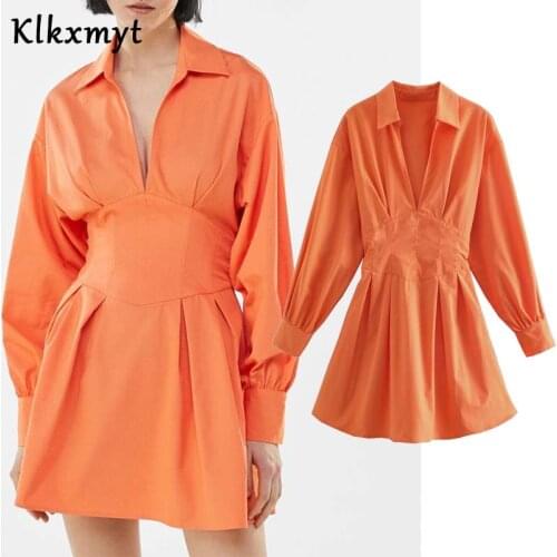 Klkxmyt Za 2021 Dress Women Long Sleeve V Neck Shirts Mini Dress Back Lace up Female Chic Casual Vestidos Summer Dresses