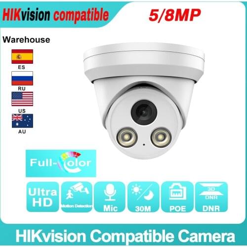 Hikvision Compatible IP Dome Camera ColorVu 8MP PoE Built-In Mic H.265 IR Distance 30M Motion Detection IP66 Waterproof