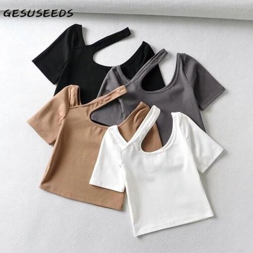 Summer casual t shirt women knitted shirts vintage short sleeve t shirt korean skew collar top black white t shirt slim 2021