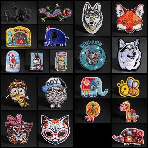 Cartoon Animal Embroidered Wolf, elephant, hedgehog, cat, fox, rabbit Patches Iron On for Clothing Badges Coats Hats Parches