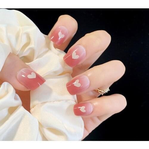 24pcs fake nails with drawings Nude Peach Pink Adhesive Glinting Manicure Patch False Nails Save Time Cute short artificial nail