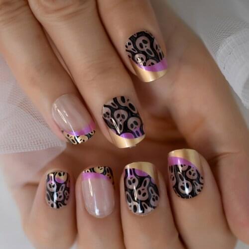 Nude Clear Halloween Fake Nails Short Round With Design Skull Print Pattern UV Gel Acrylic Artificial False Nails Press On Tips