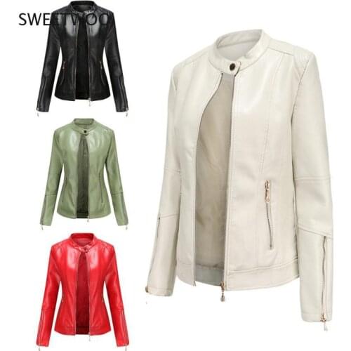 New Fashion Womens Leather Jacket Pu Leather Short Jacket Stand Collar Jacket Women Spring and Autumn Thin Leather Jacket