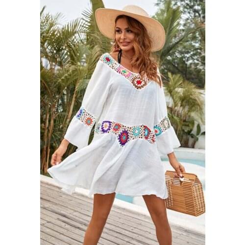 Wholesale Free Shipping New Fashion Boho Style Dresses Womens Patchwork Knitting Hook flower Dress Beach Sunscreen Swimsuit
