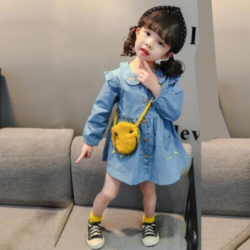 1-5 Age girl clothes spring autumn denim dress doll collar embroidered solid color stitching loose quality Korean child clothing