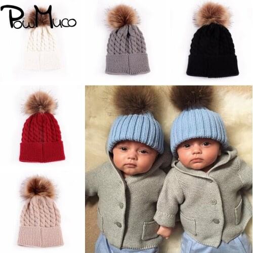 Powmuco Autumn and Winter Warm Baby Girls Hats Handmade Knitted Wool Caps Solid Color Crochet Infant Headwear Clothing Accessory