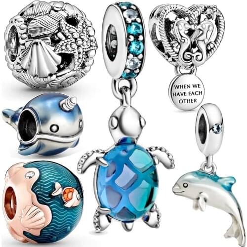 Summer New Ocean Charm Original 925 Sterling Silver Sea Turtle Starfish CZ Dolphin Seahorse Beads fit Bracelet Jewelry Woman DIY