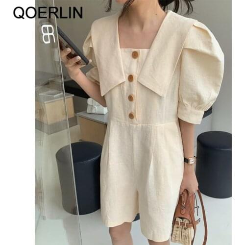 QOERLIN Chic Large Lapel Puff Sleeve Casual Jumpsuit Fashion Linen Short Sleeve Shorts Romper Girls Stylish Solid Black Overalls
