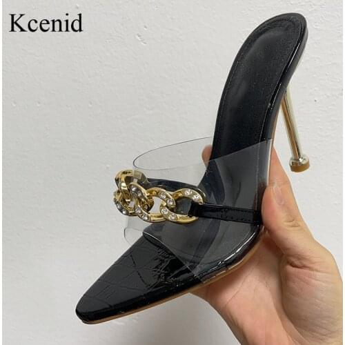 Kcenid Summer Fashion Rhinestone Metal Chain Slides Clear PVC Transparent Slippers Women Shoes Peep Toe High Heels Mules Dress