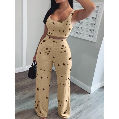 2021 Summer Ladies Star Print Short Vest and Trousers Two-piece Suit Ladies Star Print O-neck Short Vest and Trousers Suit New