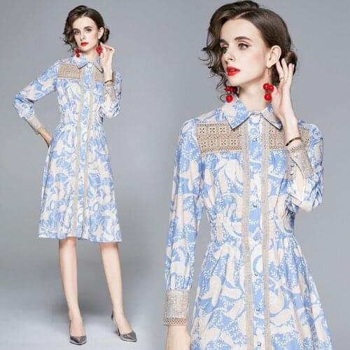 Spring Summer Fall Runway Vintage Floral Print Lace Patchwork Long Sleeve Women Ladies Casual Party A-Line Midi Shirt Dress
