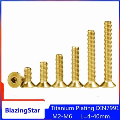 5/10PCS Tyrant Gold Plating Titanium M2 M2.5 M3 M4 M5 M6 L=4-40mm Hexagon Hex Socket Countersunk Flat Head Allen Bolts DIN7991