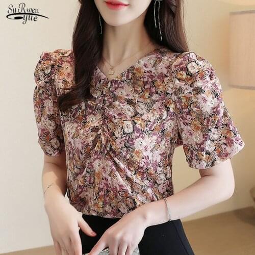 Blusas 2021 Summer Chiffon Women Shirts V Neck Puff Short Sleeve Women Blouse Floral Pleated Top Korean Pullover Clothing 10173