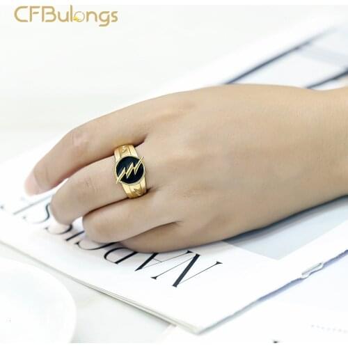 CFBulongs Retro Gold Reverse Flash Lightning Rings For Men Gothic Hip Hop Rock Music Fashion Jewelry Boyfriend Gift Accessories