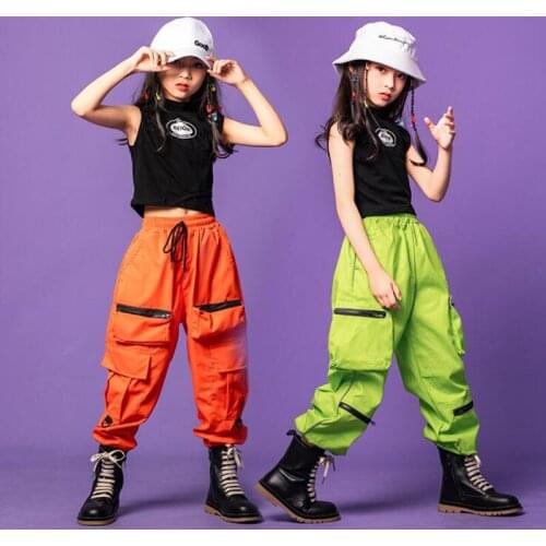 Kids Hip Hop Jazz Dancing Outfits Tank Crop Tops Tactical Cargo Pants Sleeveless Vest Girls Boys Stage Dance Costume Clothes