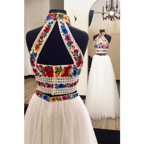 Elegant Two Pieces Embroidery Prom Homecoming Long Unique Halter Floral Tulle Formal Evening Gowns Open Back robes de soirée