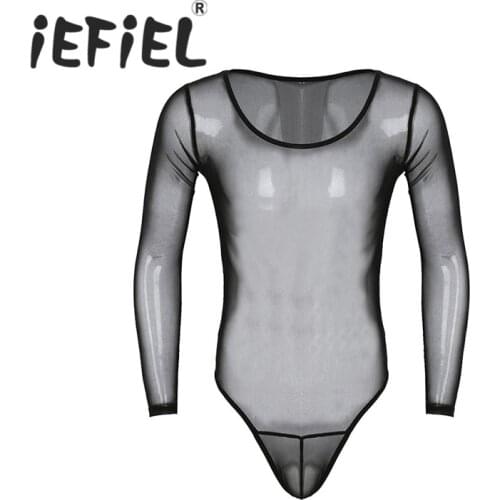 IEFiEL Mens Crossdress Lingerie Sissy See Through Mesh Long Sleeve Scoop Neck High Cut Jumpsuit Bodysuit Underwear Nightwear