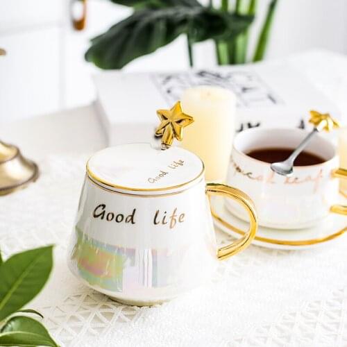 Ceramic Coffee Mug Love Star spoon Gold Plating Handle Cup Office Household Coffee Milk Tea Mugs Home Decoration gift box
