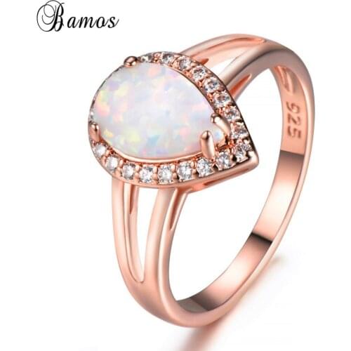 Bamos Water Drop Shape White Fire Opal Ring Rose Gold Filled Engagement Rings For Women Luxury Jewelry Mothers Day Gift