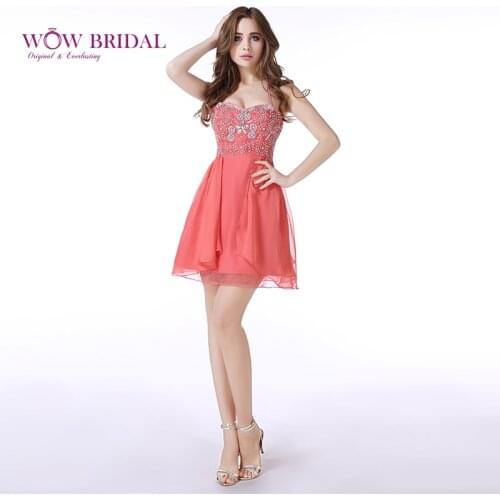 Wowbridal Coral Beaded Short Homecoming Dresses 2021 Zipper Back Sweetheart Junior High Cute 8th Grade Graduation Dresses SH0038