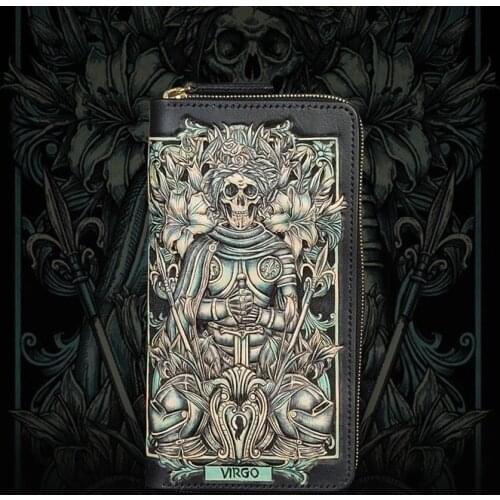 Handmade Genuine Leather Virgo Wallets Cartoon Constellation Purses Men Long Clutch Vegetable Tanned Leather Card Holder