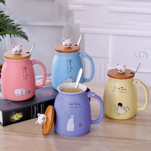 420Ml Cute Cartoon Cat Mugs Animal Coffee Mug with Handle Teacup with Lid Spoon Set Breakfast Ceramic Milk Coffee Cup Drinkware