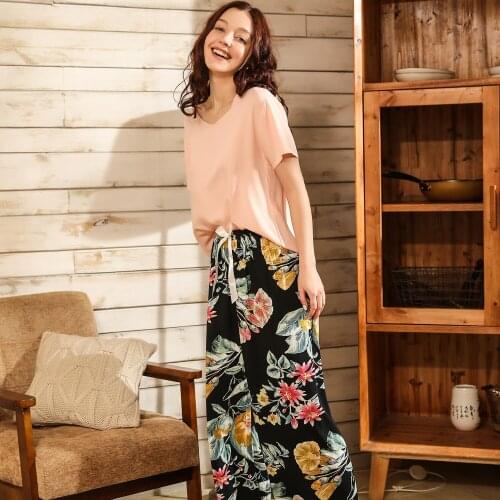 Summer Pajamas Comfortable Cotton Silk Contrast Color Womens Pajamas Short-sleeved Trousers Multi-flowered Ladies' Home Service