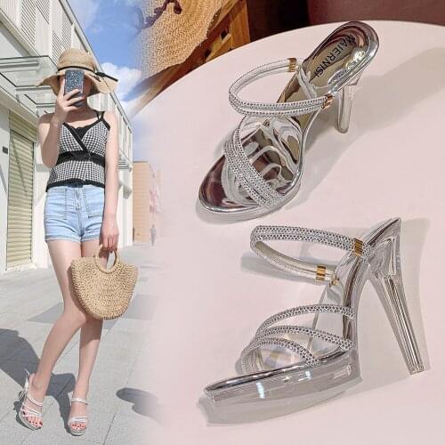 Summer Crystal Transparent Platform Womens Shoes Simple Slip-on Party Pumps Sexy Colorful Diamond Belt Two-wear High Heels