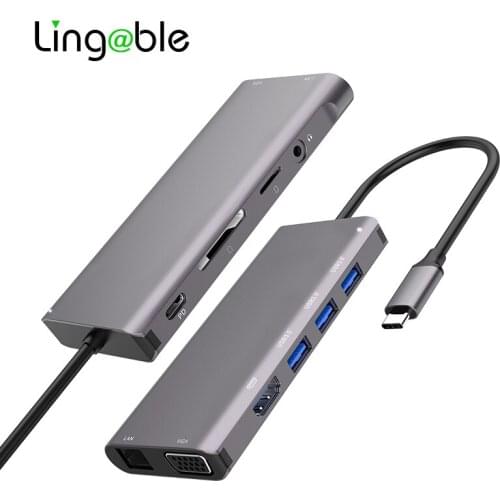 Lingable USB3.1 USB-C Type C to HDMI VGA RJ45 TF SD Multi Ports HUB USB3.0 Type-C Splitter All-in One Converter Adapter